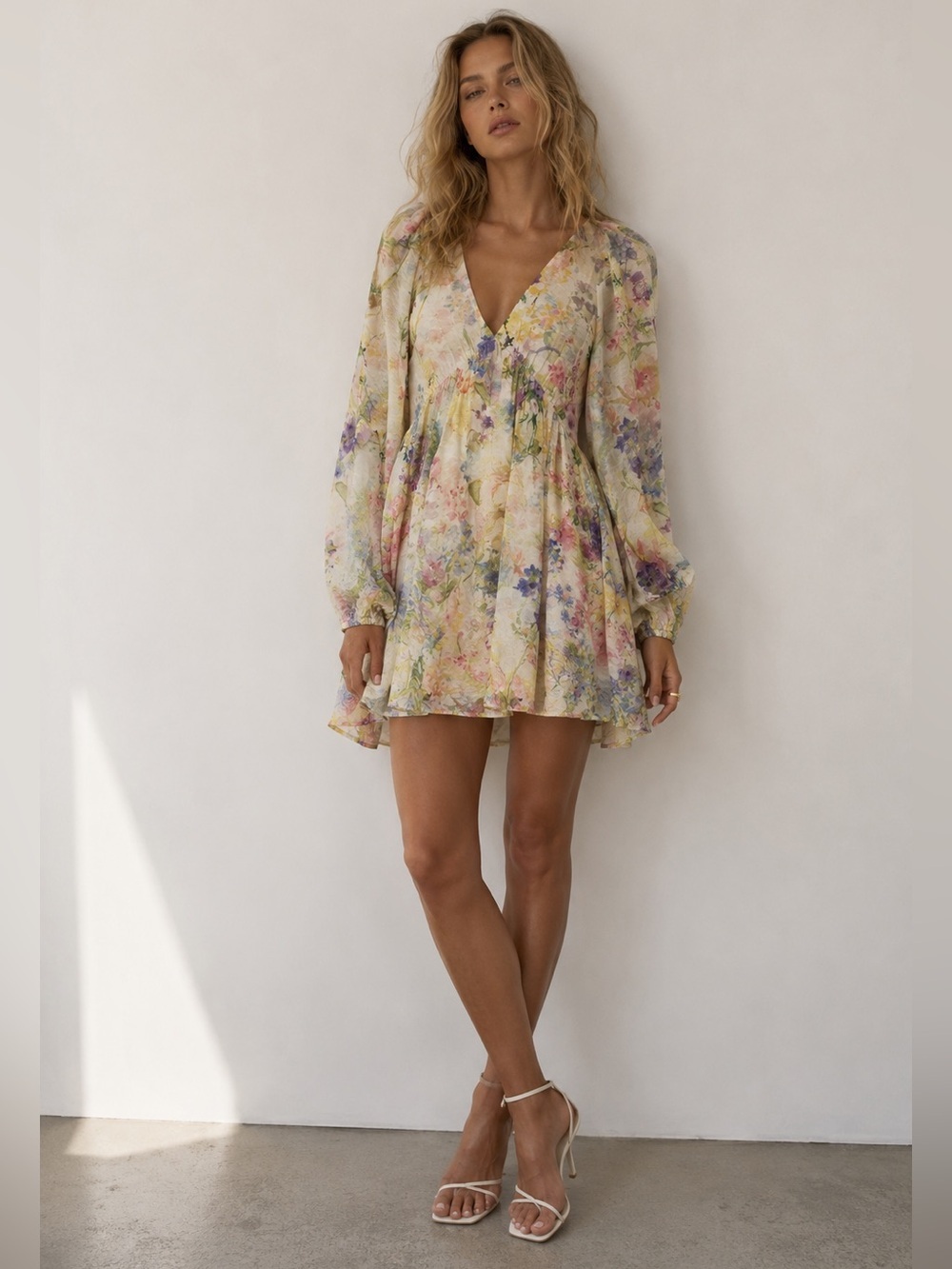 H&M Floral Mini Dress in Cream with Pink, Purple and Yellow Accents